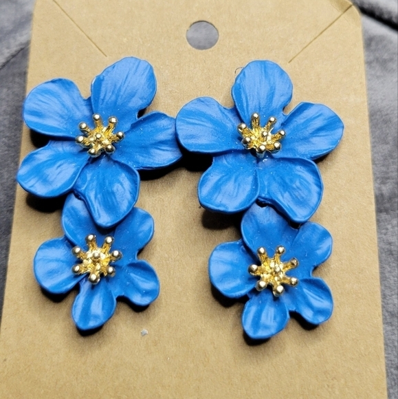 Blue Matte Finish 2-Tier Flower Earrings - Picture 2 of 2